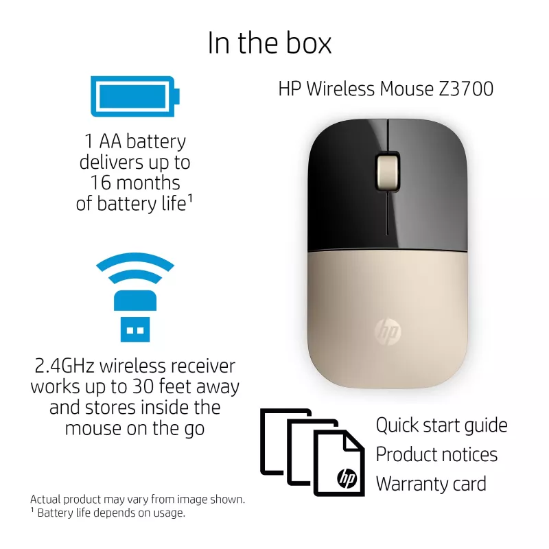 HP Z3700 Gold Wireless Mouse, Ambidextrous, Optical, RF Wireless, 1200 DPI, Gold