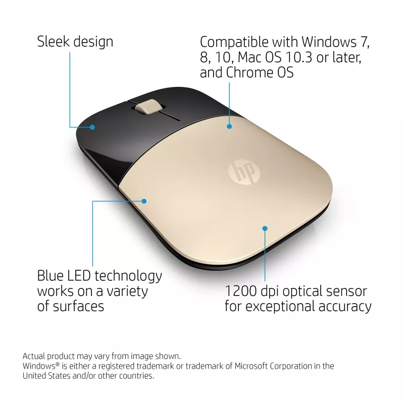 HP Z3700 Gold Wireless Mouse, Ambidextrous, Optical, RF Wireless, 1200 DPI, Gold