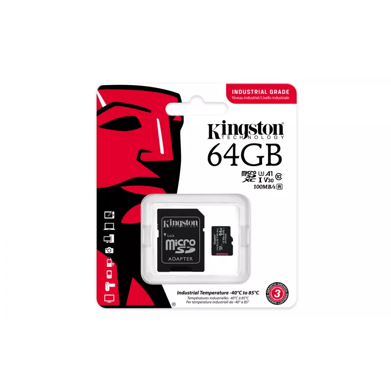 Kingston Technology 64GB microSDXC Industrial C10 A1 pSLC Card + SD Adapter