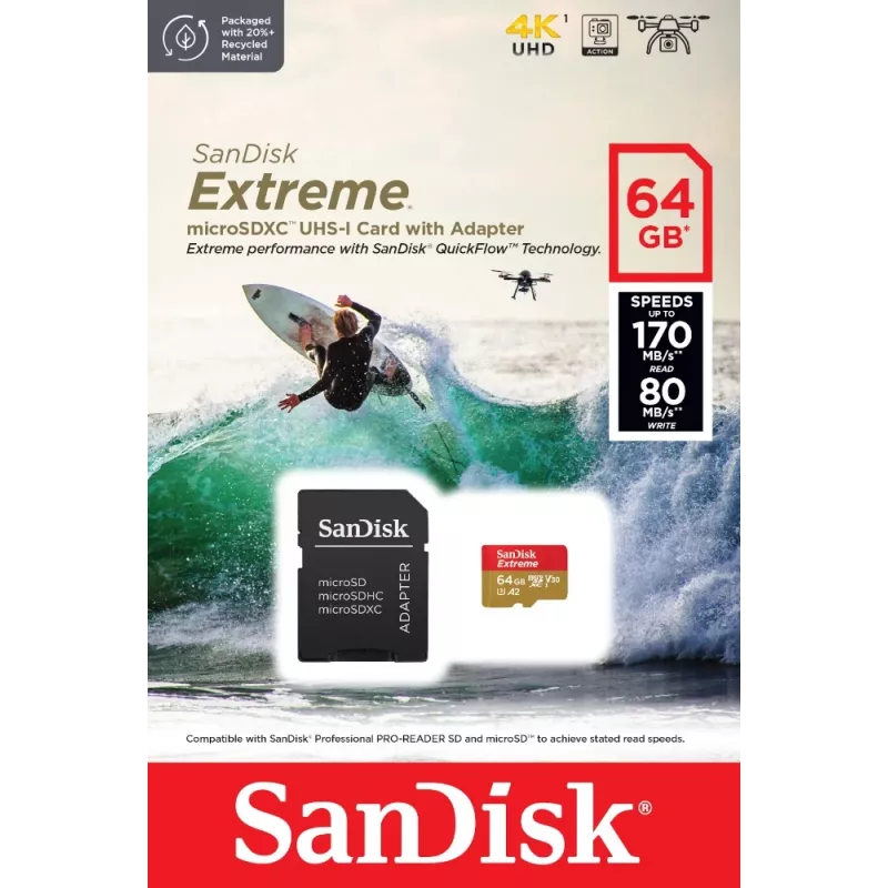 WESTERN DIGITAL Extreme microSDXC 64GB SD Adapter Action Cams and Drones 170MB/s 80MB/s A2 C10 V30 UHS-I U3