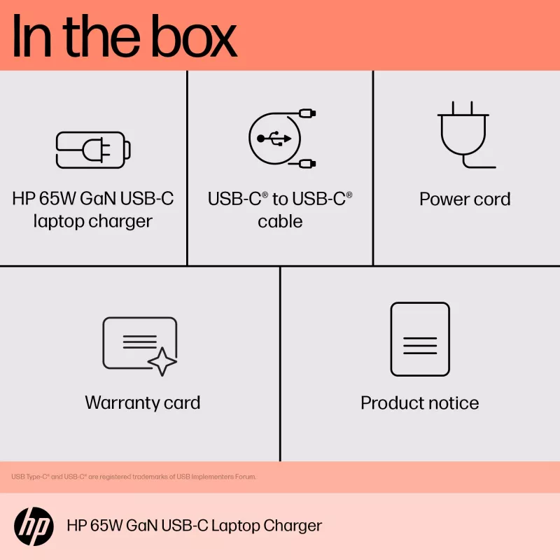 HP 65W GaN USB-C Laptop Charger, Laptop, Indoor, 65 W, 5,9,12,15,20 V, 65 W, Home