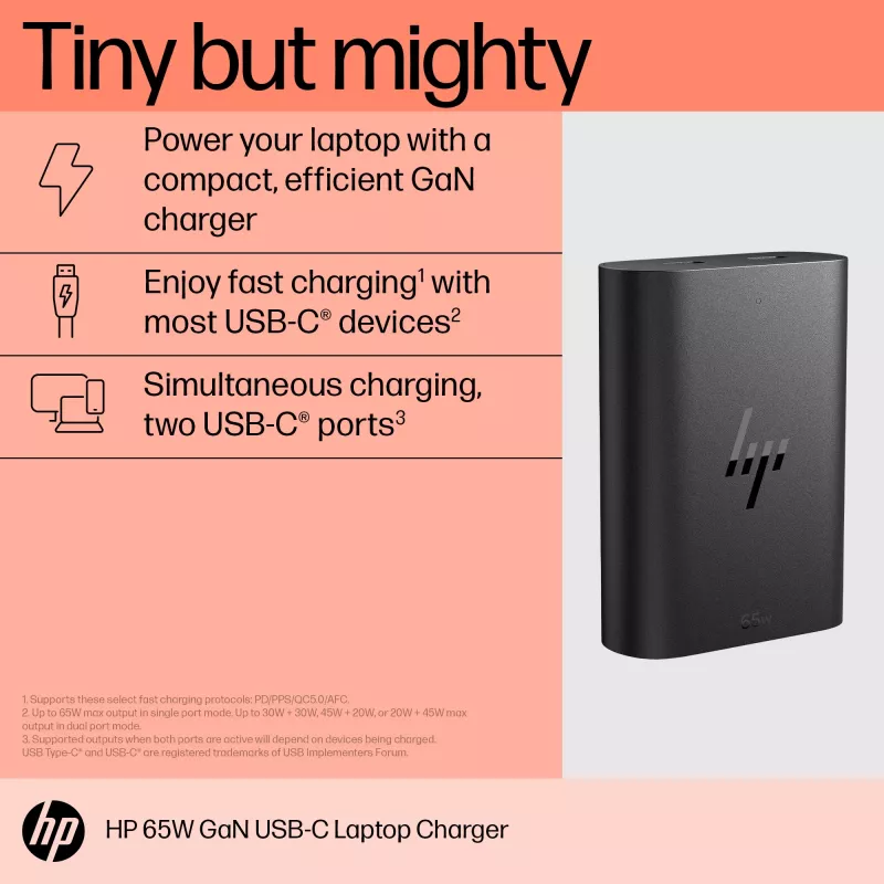 HP 65W GaN USB-C Laptop Charger, Laptop, Indoor, 65 W, 5,9,12,15,20 V, 65 W, Home
