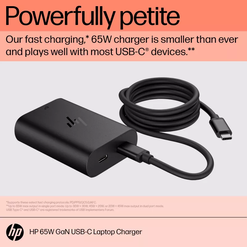 HP 65W GaN USB-C Laptop Charger, Laptop, Indoor, 65 W, 5,9,12,15,20 V, 65 W, Home