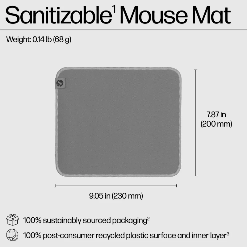 HP 100 Sanitizable Mouse Pad, Grey, Monochromatic, Polyester, Rubber