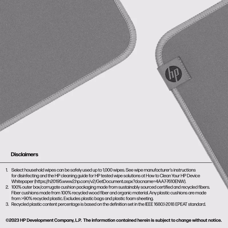 HP 100 Sanitizable Mouse Pad, Grey, Monochromatic, Polyester, Rubber