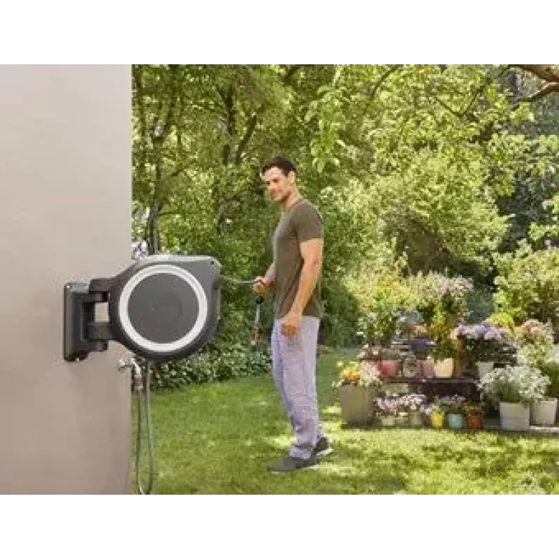 Wall-mounted reel Gardena RollUp Automatic Black Grey
