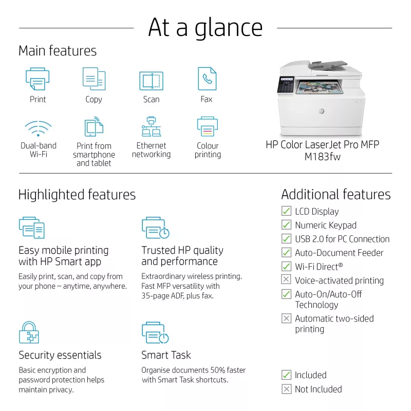 HP Color LaserJet Pro MFP M183fw, Laser, Colour printing, 600 x 600 DPI, A4, Direct printing, White