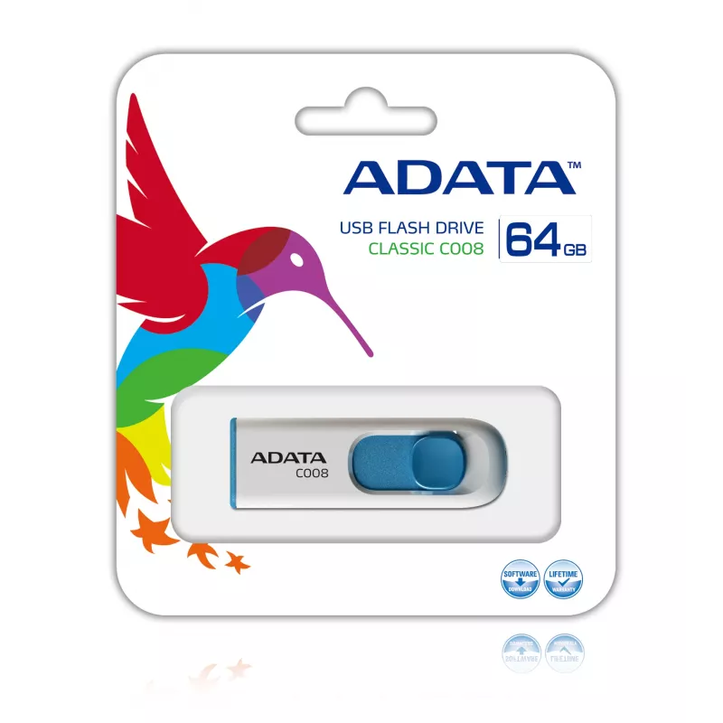 USB flash drive ADATA C008 64GB USB Type-A 2.0 — blue/white, slide form factor