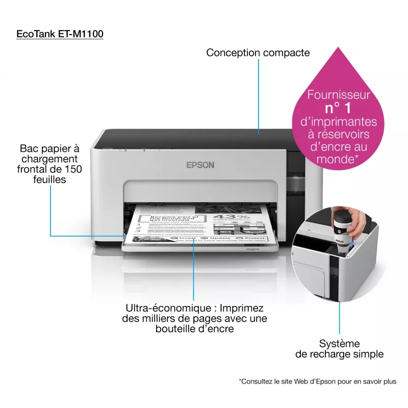 Epson EcoTank M1100 Monochrome Inkjet Printer A4 1440x720 DPI USB Grey/Black