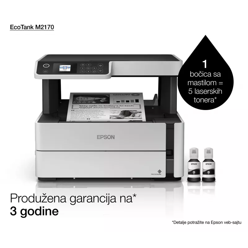 Epson EcoTank M2170 Multifunction Inkjet Printer with Refillable Ink Tanks, A4, Monochrome, Wi-Fi, Ethernet, Duplex, 39 ppm