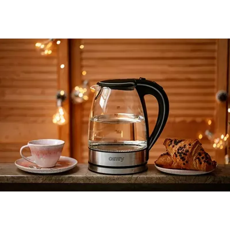 Electric kettle Camry CR 1290 — glass housing, 1.7 L capacity, 2000 W, adjustable temp, water level indicator