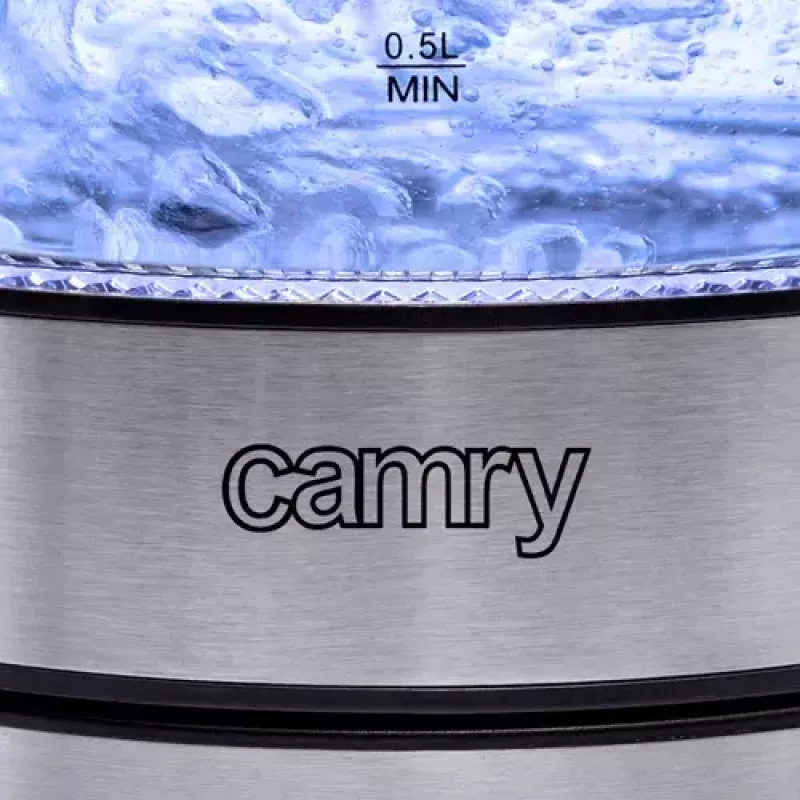 Electric kettle Camry CR 1290 — glass housing, 1.7 L capacity, 2000 W, adjustable temp, water level indicator
