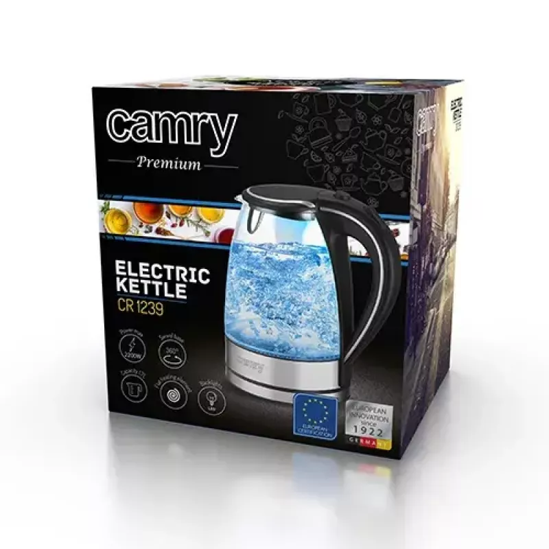 Electric kettle Camry CR 1290 — glass housing, 1.7 L capacity, 2000 W, adjustable temp, water level indicator