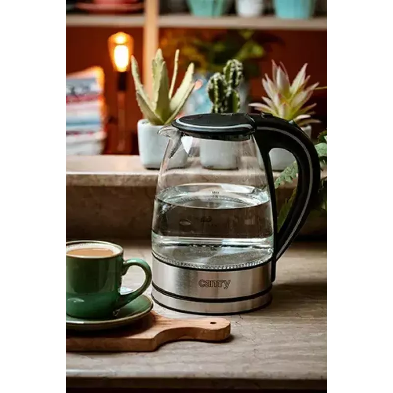 Electric kettle Camry CR 1290 — glass housing, 1.7 L capacity, 2000 W, adjustable temp, water level indicator