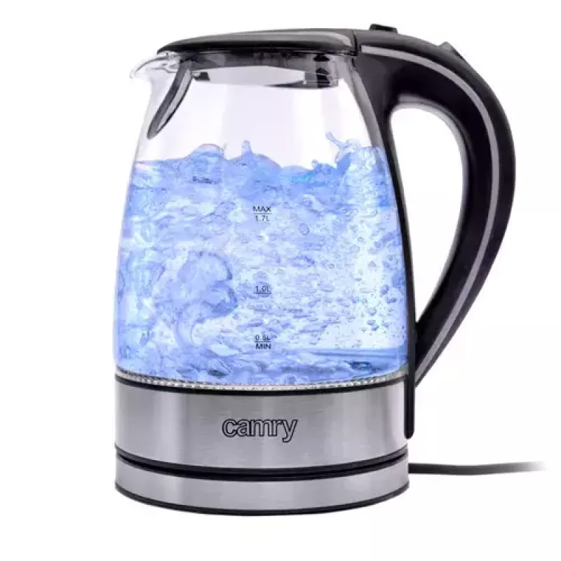 Electric kettle Camry CR 1290 — glass housing, 1.7 L capacity, 2000 W, adjustable temp, water level indicator
