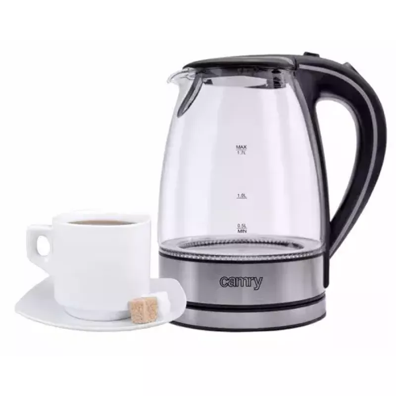 Electric kettle Camry CR 1290 — glass housing, 1.7 L capacity, 2000 W, adjustable temp, water level indicator