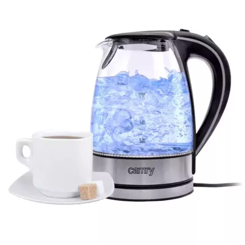 Electric kettle Camry CR 1290 — glass housing, 1.7 L capacity, 2000 W, adjustable temp, water level indicator