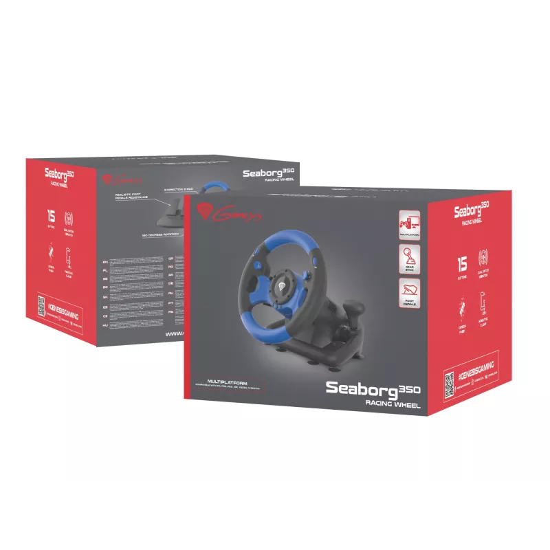 GENESIS Seaborg 350 Black, Blue USB Steering wheel + Pedals Nintendo Switch, PC, PlayStation 4, Playstation 3, Xbox 360, Xbox One, Xbox Series S, Xbox Series X