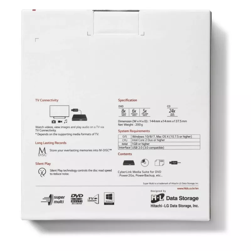 HITACHI-LG DATA STORAGE Slim Portable DVD-writer - Gp60nw60 - USB 2.0 - White