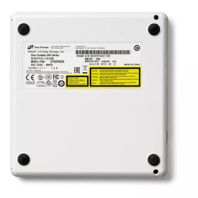 HITACHI-LG DATA STORAGE Slim Portable DVD-writer - Gp60nw60 - USB 2.0 - White