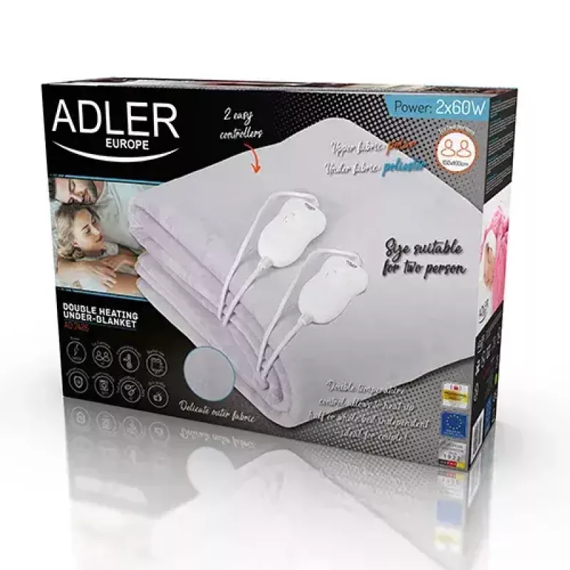 Electric bed warmer Adler AD 7426, fleece, 160×150 mm, 60 W, 4 heat levels, 2-person, detachable cable