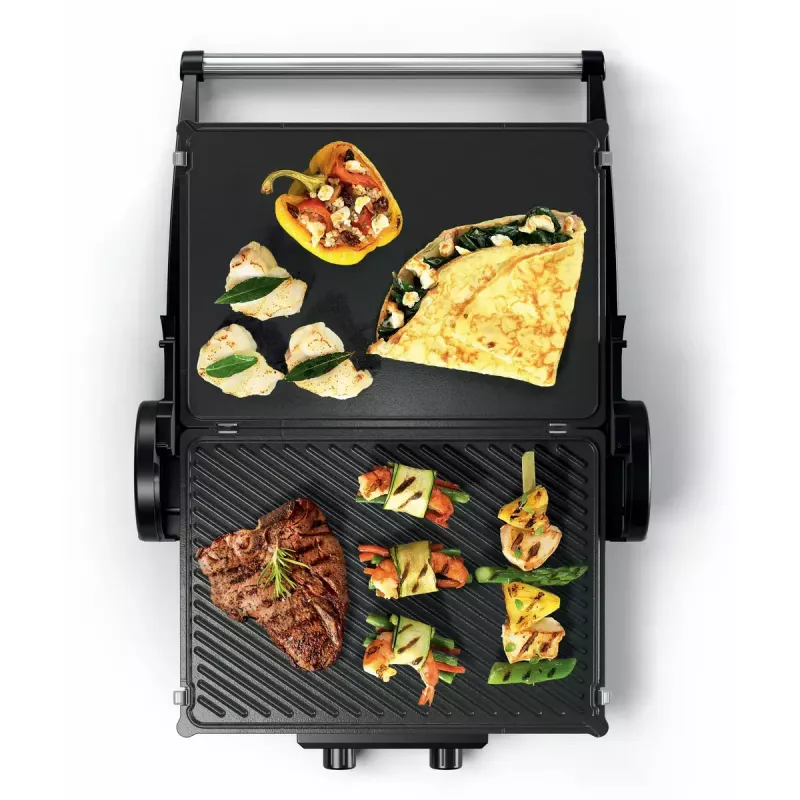 Contact Grill Bosch TCG4104 — 2000 W, rectangular, adjustable thermostat, cooking surface 328×238 mm, red