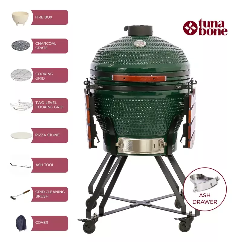 TunaBone Kamado Pro 24 inch Ceramic Grill, Size L, Green (TBG24GREEN-02)