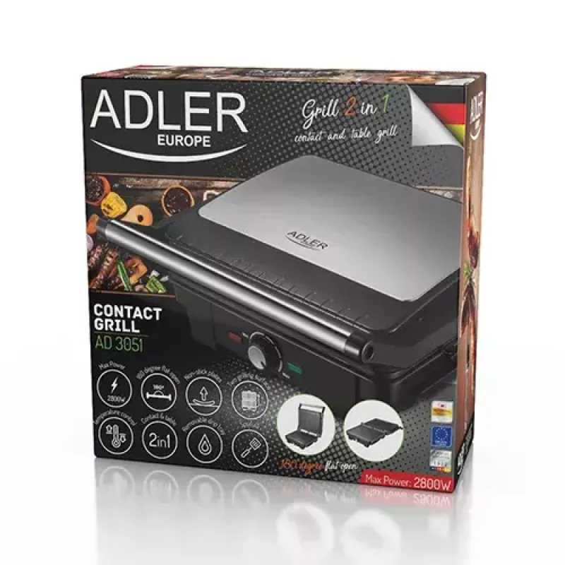 Contact grill Adler AD 3051 — stainless steel, 2200–2800 W, grill area 1392 cm², adjustable temperature, non-stick plates