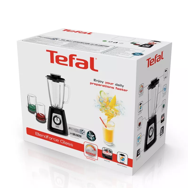Tabletop blender Tefal BlendForce II BL4388 — 800 W, 1.25 L glass jar, ice crushing, black/brushed steel