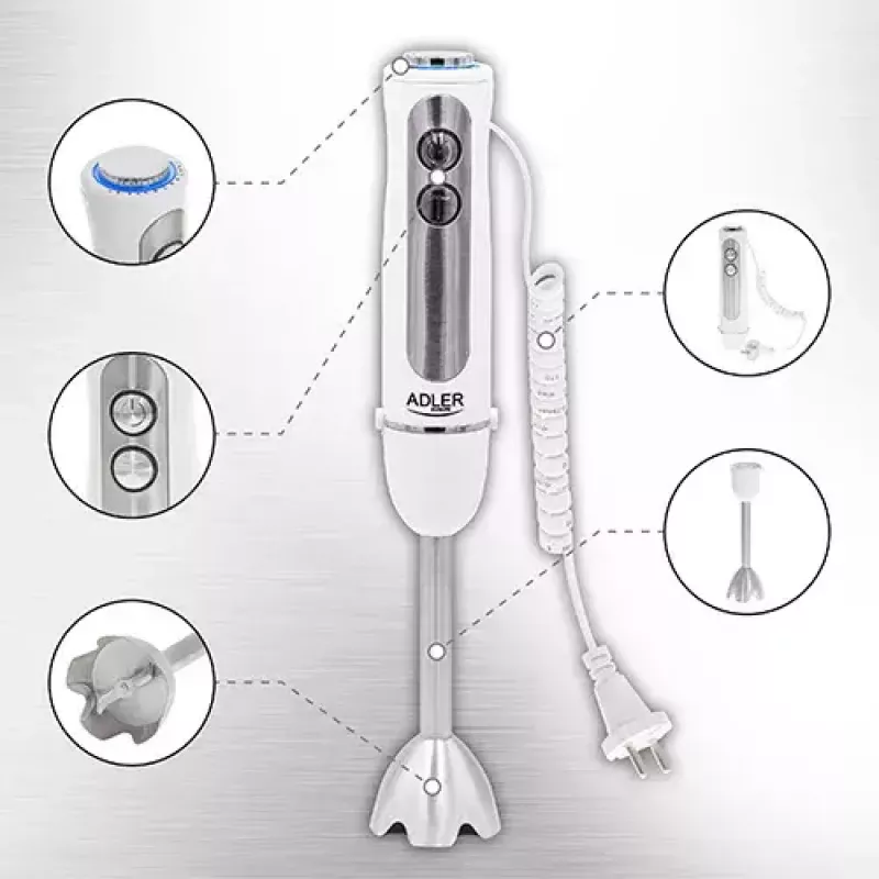 Immersion blender Adler AD 4625w — hand blender, 5 speeds, turbo, 1500 W, stainless steel blade, silver/white