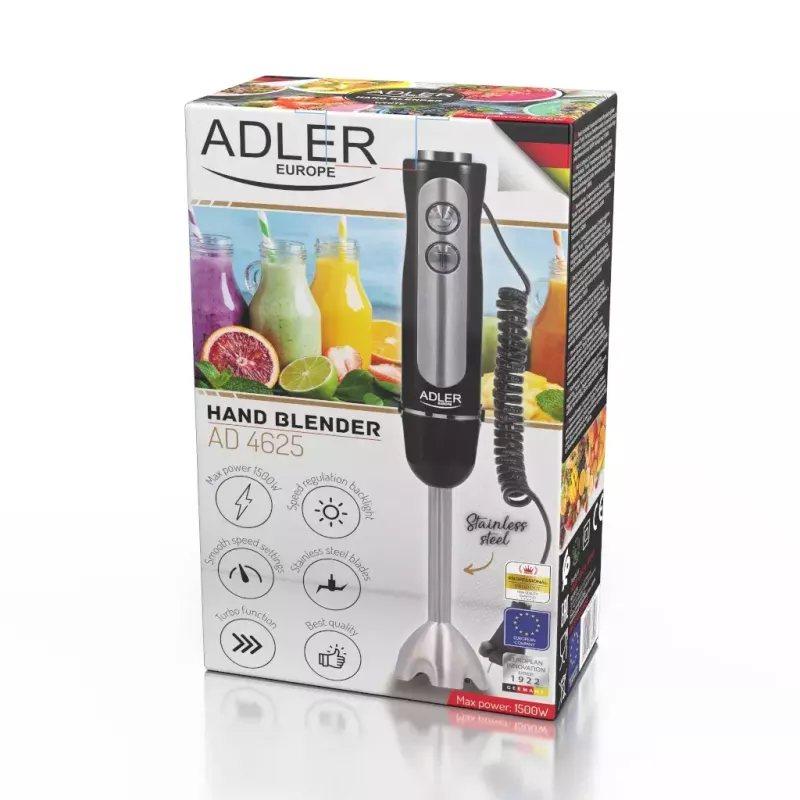 Immersion blender Adler AD 4625B — hand blender, 1500 W max, 850 W nominal, 5 speeds, mechanical control, turbo, stainless steel blade, black