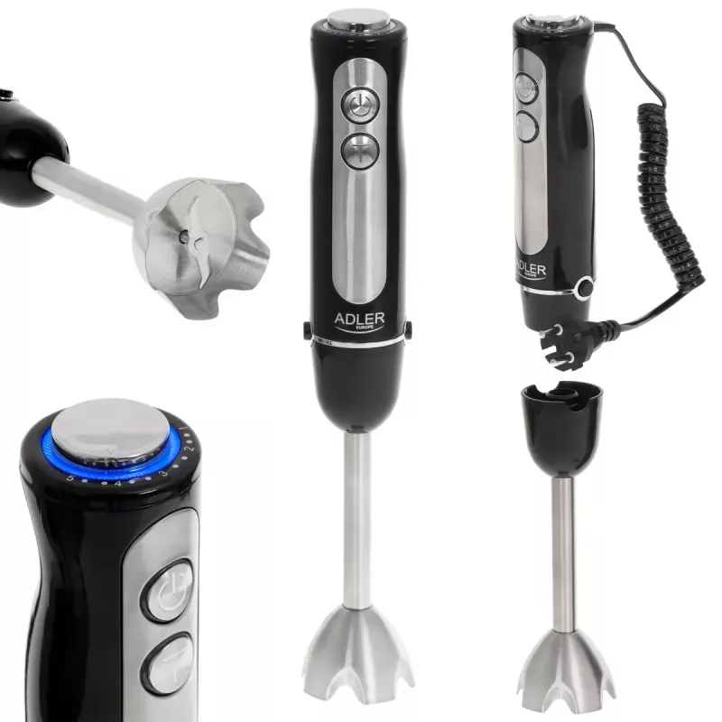 Immersion blender Adler AD 4625B — hand blender, 1500 W max, 850 W nominal, 5 speeds, mechanical control, turbo, stainless steel blade, black