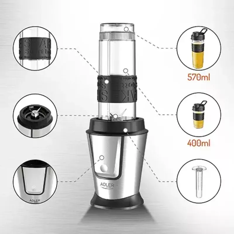 Sport blender Adler AD 4081 — portable personal blender, 800 W peak, 0.57 L cup, stainless steel blade, 2 bottles
