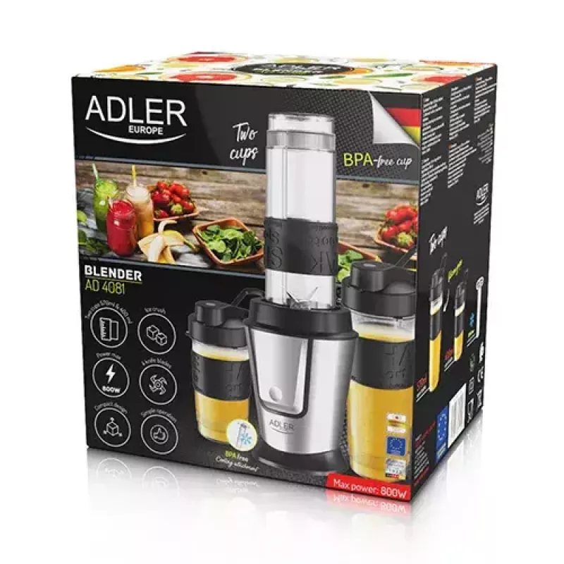 Sport blender Adler AD 4081 — portable personal blender, 800 W peak, 0.57 L cup, stainless steel blade, 2 bottles