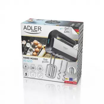 Hand mixer Adler AD 4225 — 5 speeds, turbo, 300 W, inox/silver‑black, beaters and dough hooks