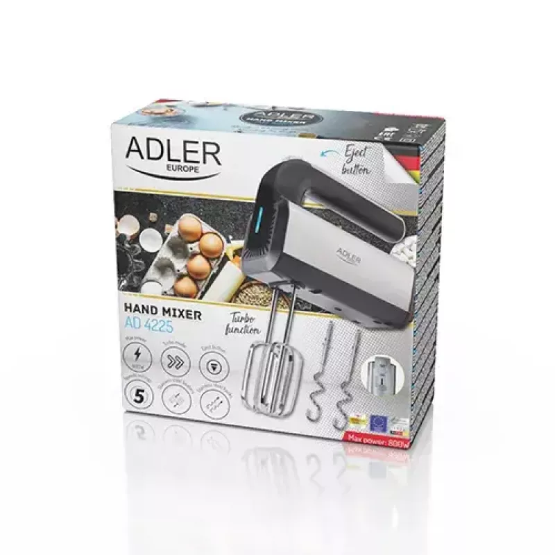 Hand mixer Adler AD 4225 — 5 speeds, turbo, 300 W, inox/silver‑black, beaters and dough hooks