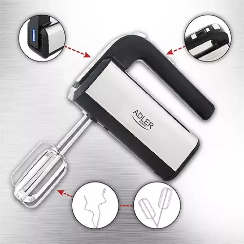 Hand mixer Adler AD 4225 — 5 speeds, turbo, 300 W, inox/silver‑black, beaters and dough hooks