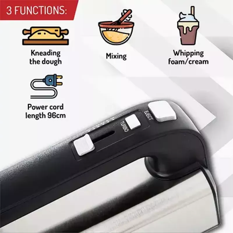 Hand mixer Adler AD 4225 — 5 speeds, turbo, 300 W, inox/silver‑black, beaters and dough hooks