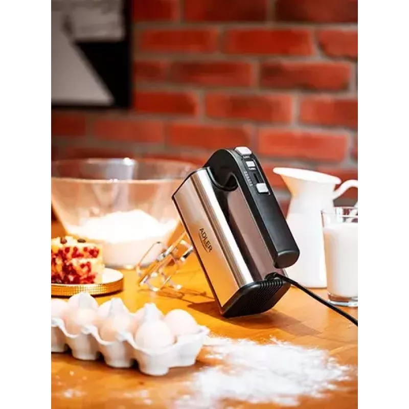 Hand mixer Adler AD 4225 — 5 speeds, turbo, 300 W, inox/silver‑black, beaters and dough hooks
