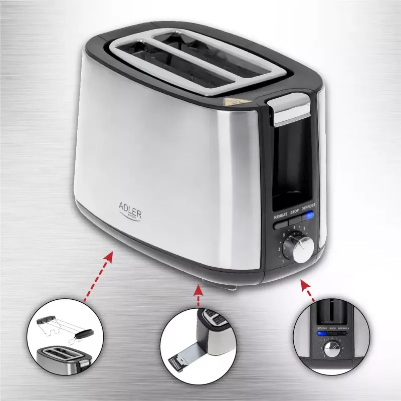 Adler AD 3214 Toaster, 2 Slots, Stainless Steel, 750 W