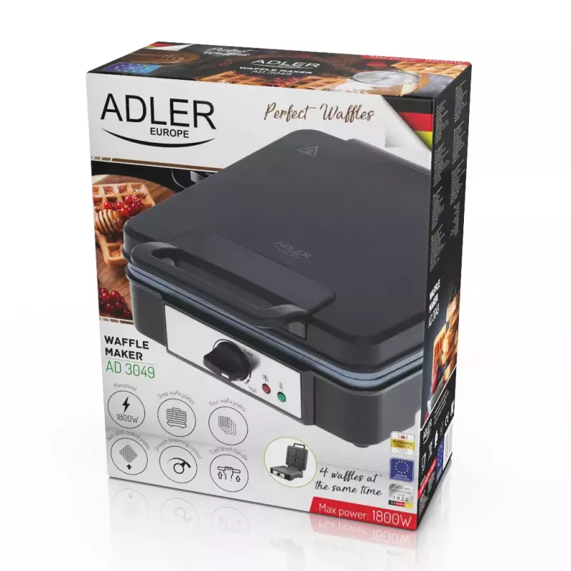 Waffle iron Adler AD 3049, 4 square waffles, non-stick, 1800 W, black