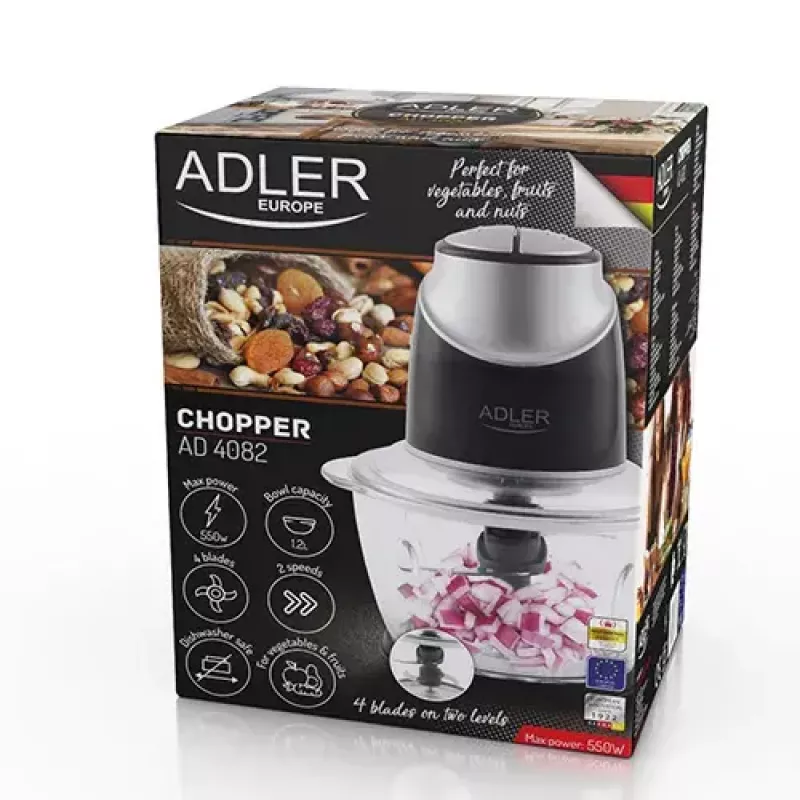 Electric food chopper Adler AD 4082, 1.2 L glass bowl, 300 W, 2 speeds, pulse, stainless steel blades