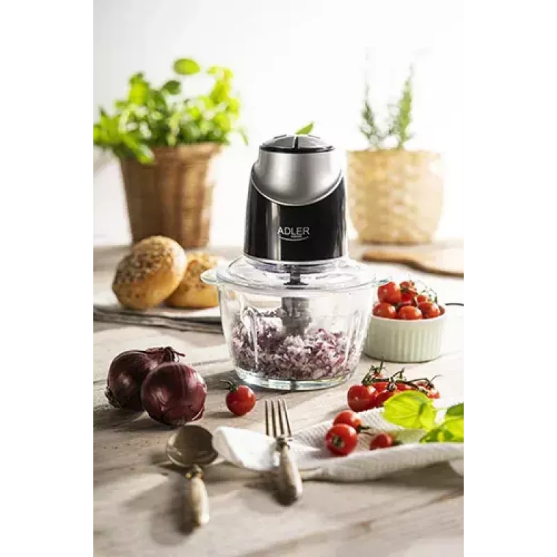 Electric food chopper Adler AD 4082, 1.2 L glass bowl, 300 W, 2 speeds, pulse, stainless steel blades