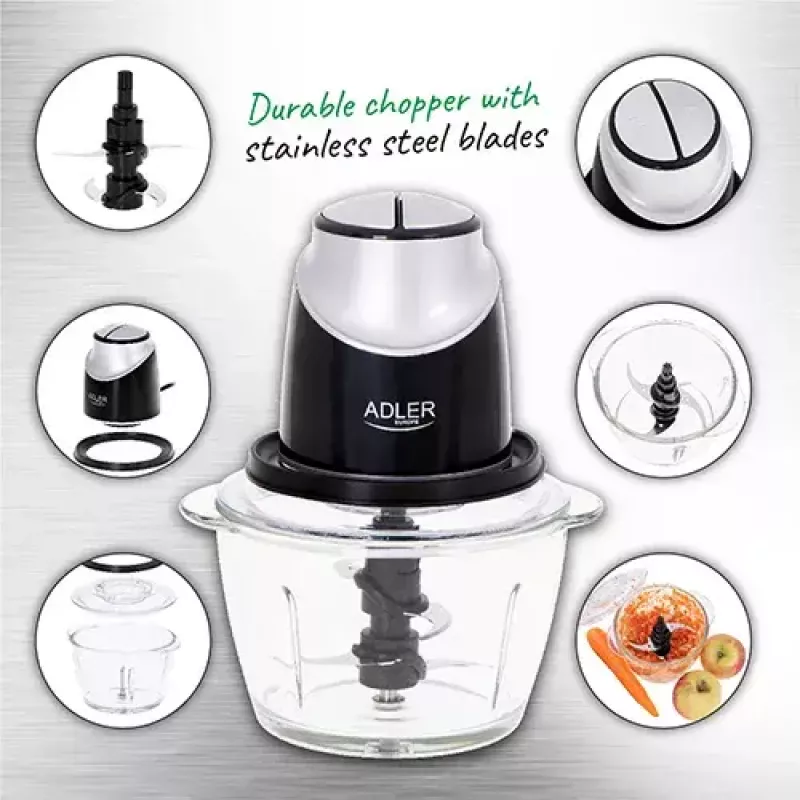 Electric food chopper Adler AD 4082, 1.2 L glass bowl, 300 W, 2 speeds, pulse, stainless steel blades