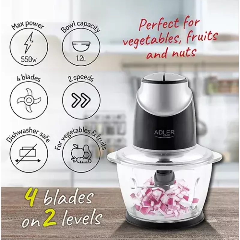 Electric food chopper Adler AD 4082, 1.2 L glass bowl, 300 W, 2 speeds, pulse, stainless steel blades