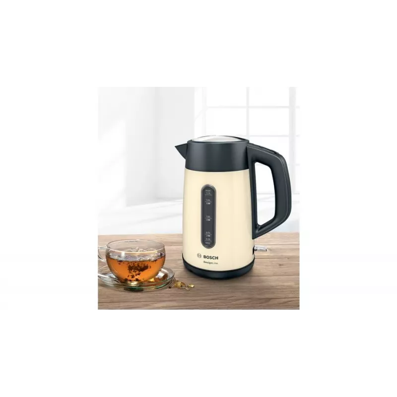 Electric kettle Bosch TWK4P437 1.7 L, 2400 W, stainless steel housing, cordless, beige/black
