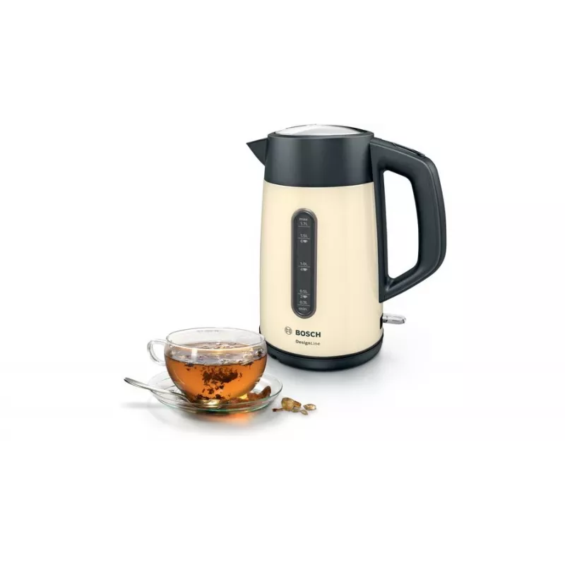 Electric kettle Bosch TWK4P437 1.7 L, 2400 W, stainless steel housing, cordless, beige/black