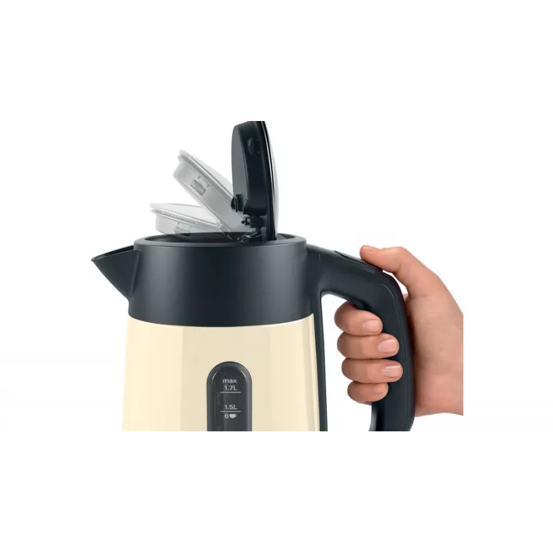 Electric kettle Bosch TWK4P437 1.7 L, 2400 W, stainless steel housing, cordless, beige/black