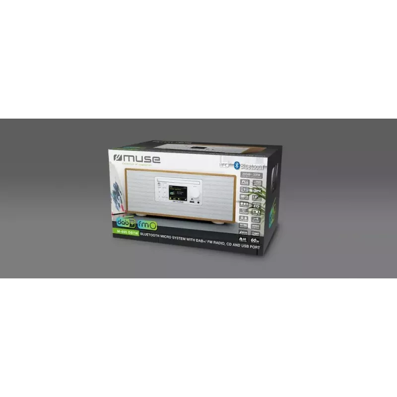 Personal radio Muse M-695 DBTW — DAB/DAB+/FM digital tuner, 2.8 inch TFT, 60W RMS, AC/DC, wood/white