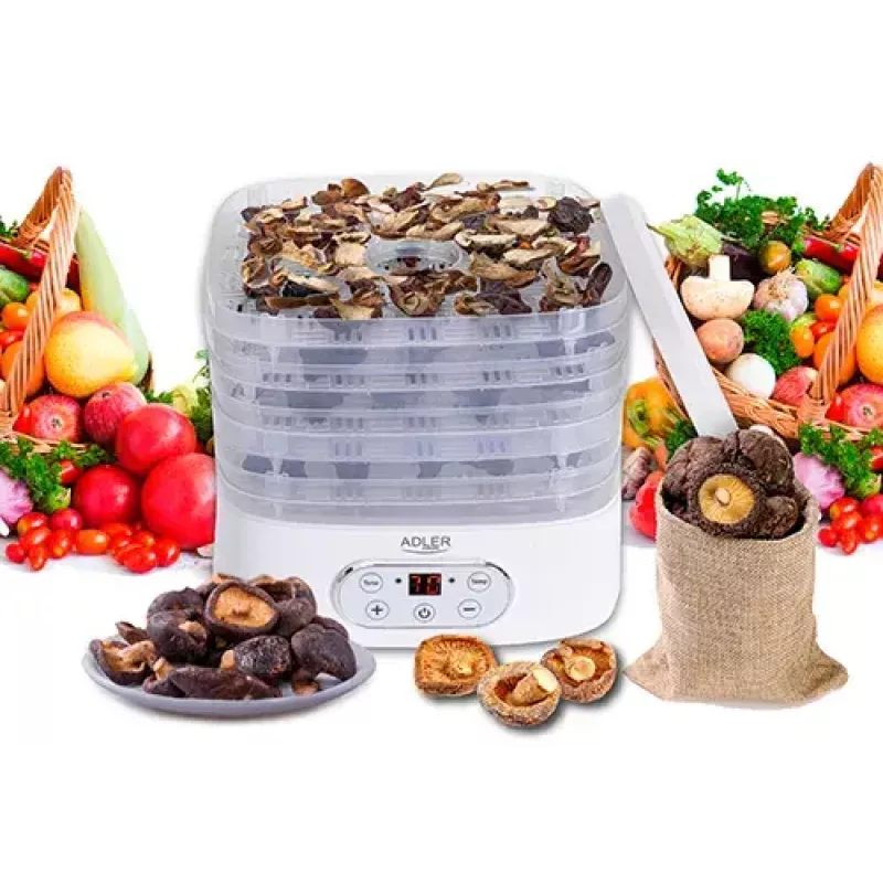 Food dehydrator Adler AD 6658, 5 trays, LCD timer 70h, 35–70°C, 230W (max 550W), white